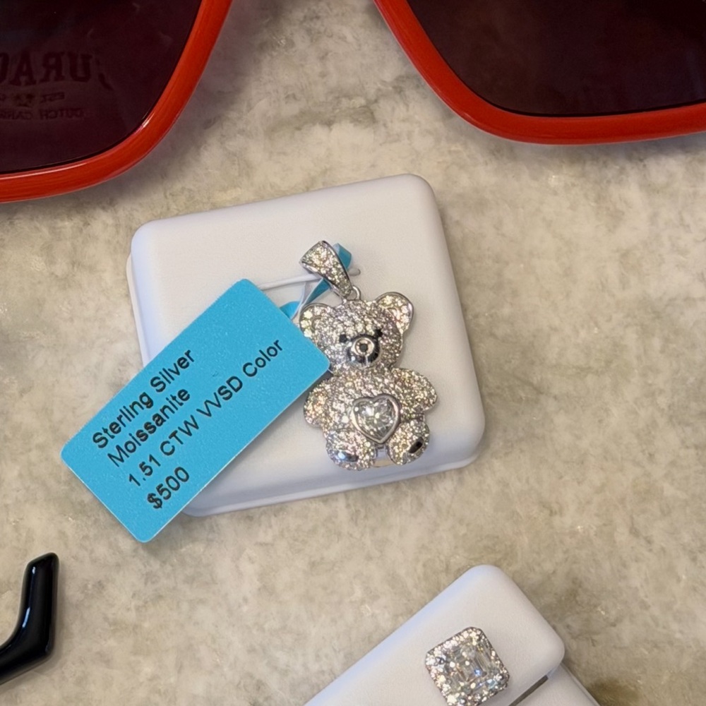 Sterling Silver Teddy Bear Pendant with Sparkling Stones - Silver